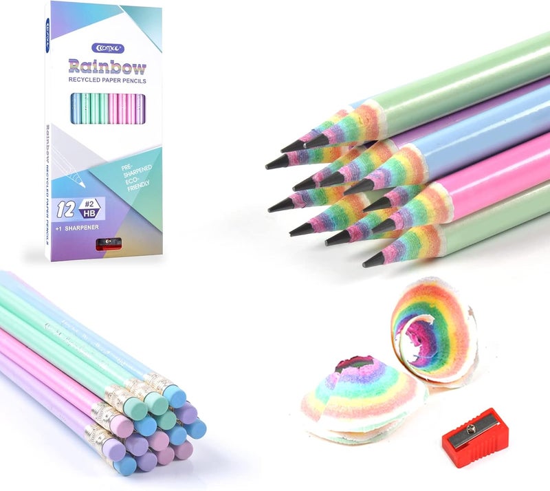 ECOTREE Pre-Sharpened Pencils #2 Cute Number 2 Pencil with Erasers for Kids Eco Rainbow Paper Pencil for School, Writing, 12 Count - Image 1